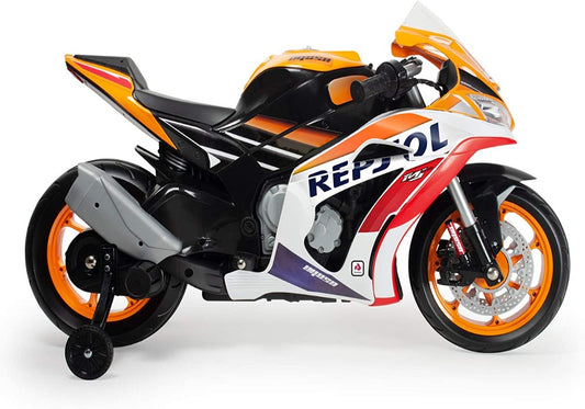 INJUSA - Motorcycle Repsol 12V Orange with Official License Recommended for Children +3 Years with Lights and Sounds and Rubber Bands on Plastic Wheels
